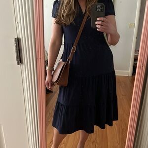 Jude Connally Libby Dress Navy Tiered Midi V Neck Stretch MED
